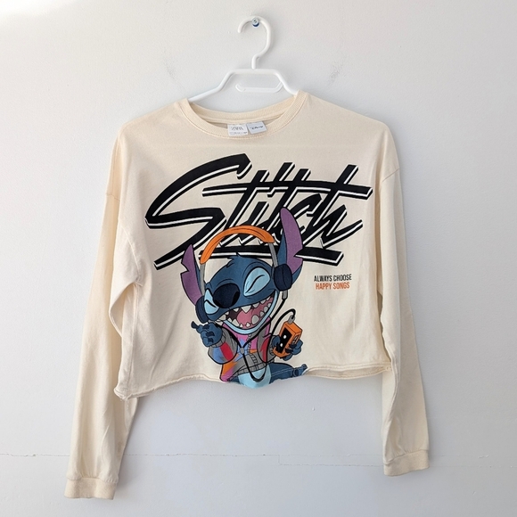 Zara Other - 2/15$ Zara Disney Stitch Long sleeve Cropped Cream Tee ~ Size 13-14 Girls
